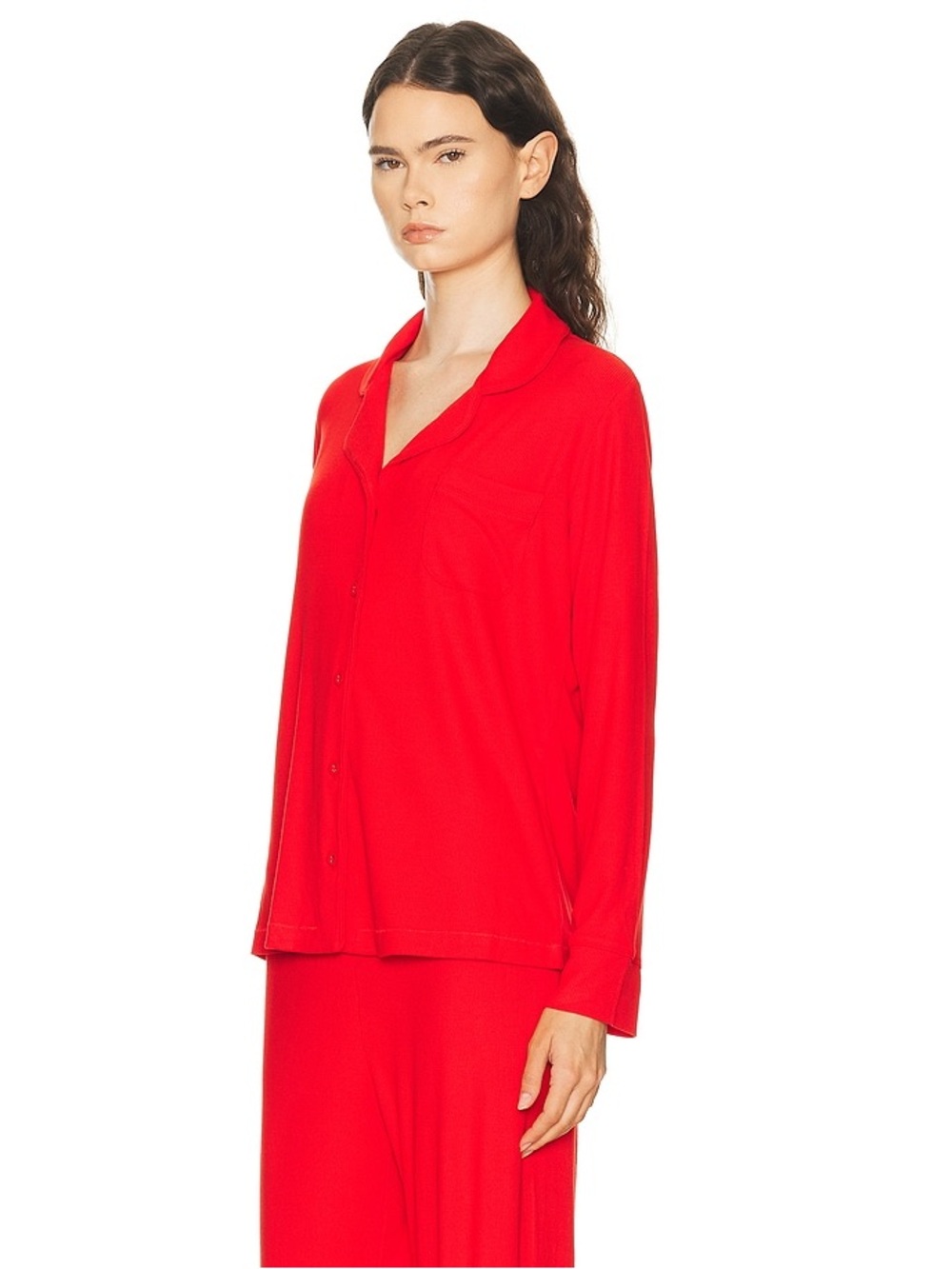 Skims Long Sleeve Button Up Sleep Lounge Shirt - Ruby Red - Picture 2 of 10